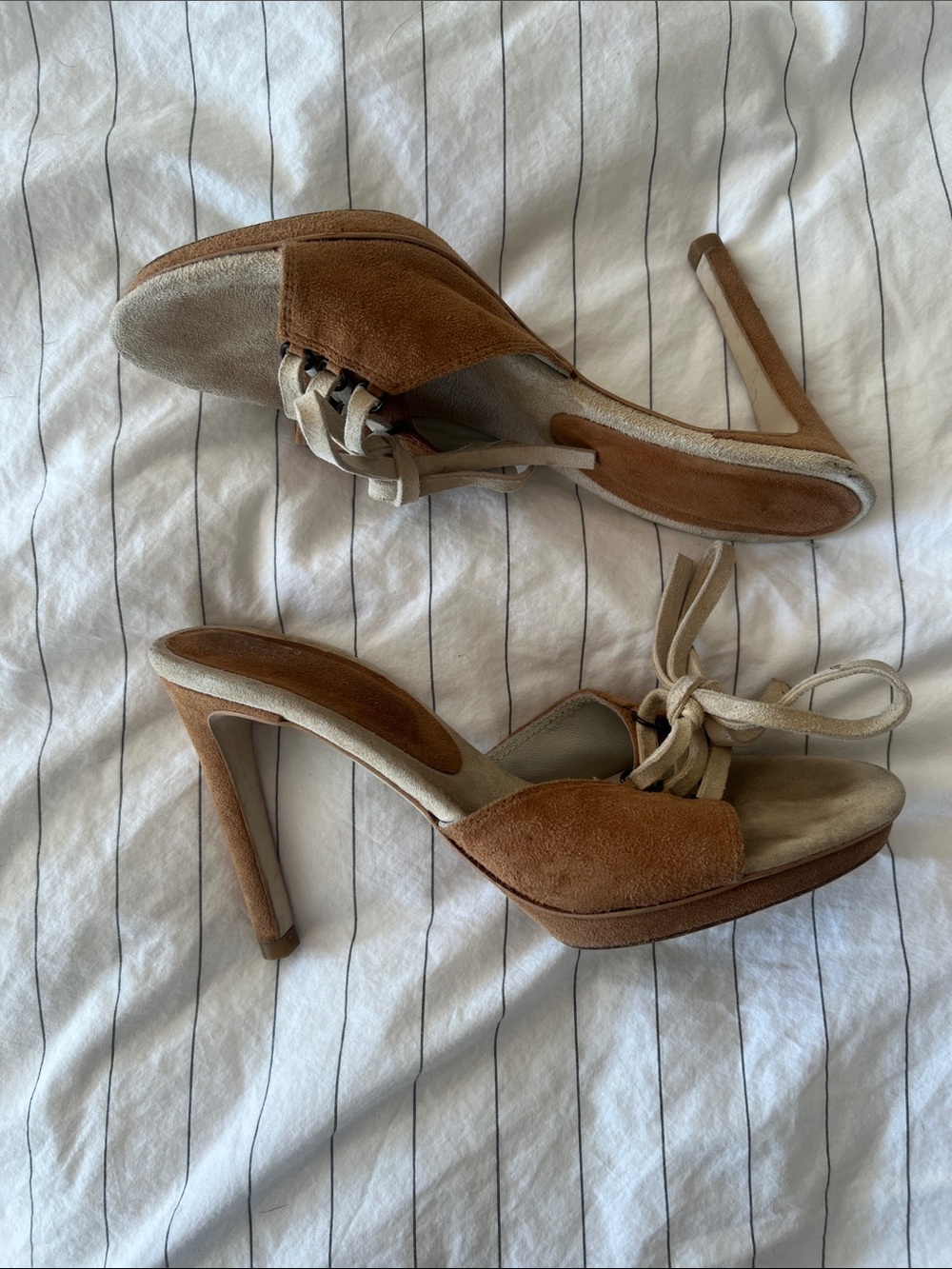 Bebe Brown Suede Lace-Up High Heel Sandals